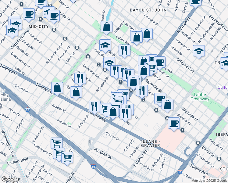 map of restaurants, bars, coffee shops, grocery stores, and more near 2804 Cleveland Avenue in New Orleans