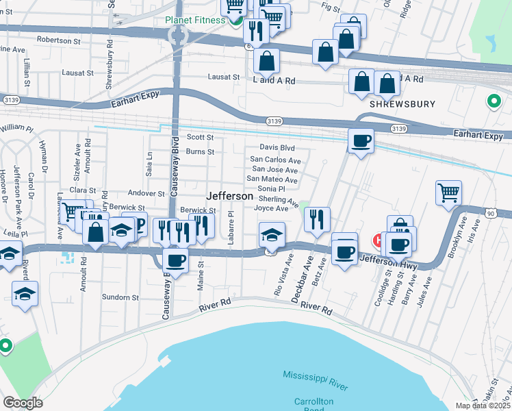 map of restaurants, bars, coffee shops, grocery stores, and more near 33 Joyce Avenue in Jefferson
