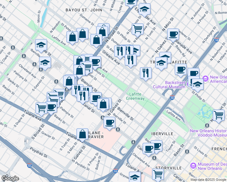map of restaurants, bars, coffee shops, grocery stores, and more near 2309 Conti St in New Orleans