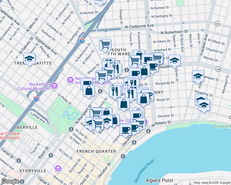 map of restaurants, bars, coffee shops, grocery stores, and more near in New Orleans