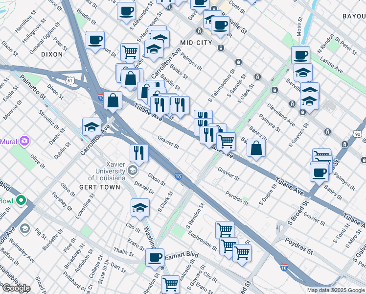 map of restaurants, bars, coffee shops, grocery stores, and more near 3615 Gravier Street in New Orleans