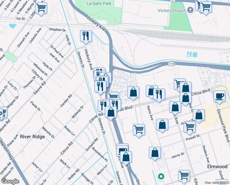 map of restaurants, bars, coffee shops, grocery stores, and more near 2000 Oak Creek Road in New Orleans