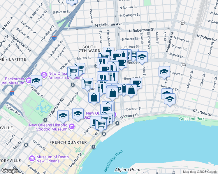 map of restaurants, bars, coffee shops, grocery stores, and more near 2021 Dauphine Street in New Orleans