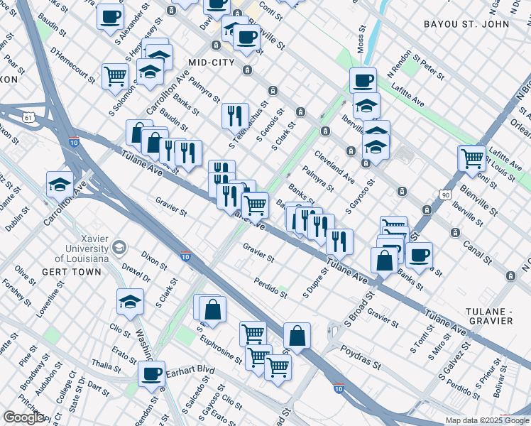map of restaurants, bars, coffee shops, grocery stores, and more near 542 South Norman C Francis Parkway in New Orleans