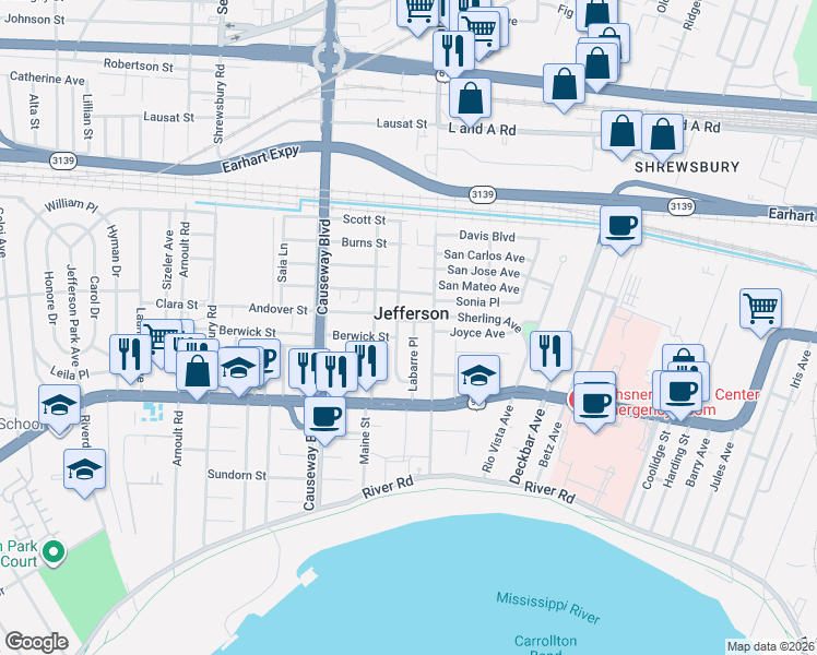 map of restaurants, bars, coffee shops, grocery stores, and more near in Jefferson