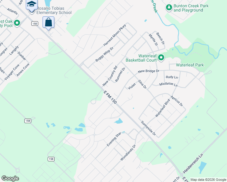 map of restaurants, bars, coffee shops, grocery stores, and more near 150 Jasmine Cove in Kyle