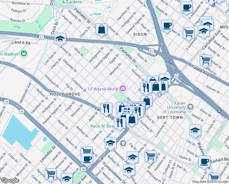 map of restaurants, bars, coffee shops, grocery stores, and more near 3310 Joliet Street in New Orleans