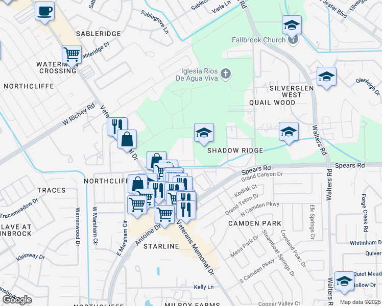 map of restaurants, bars, coffee shops, grocery stores, and more near 12303 Allington Drive in Houston