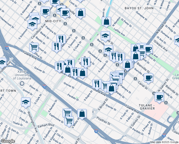 map of restaurants, bars, coffee shops, grocery stores, and more near 416 South Lopez Street in New Orleans
