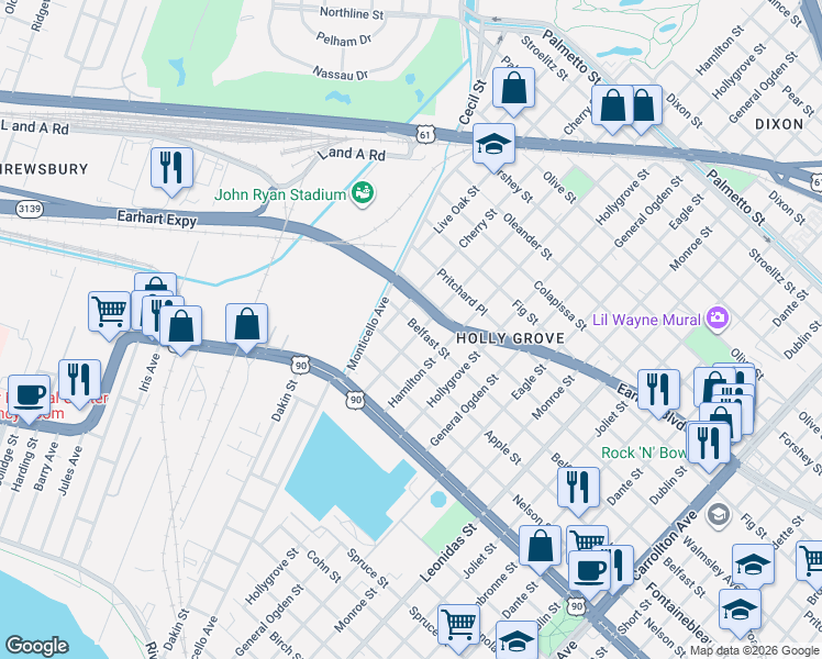 map of restaurants, bars, coffee shops, grocery stores, and more near 2630 Mistletoe Street in New Orleans