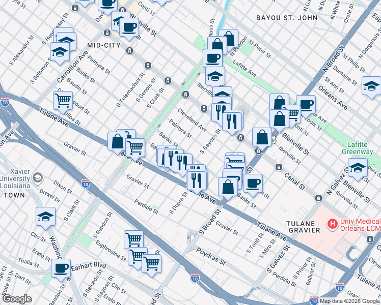map of restaurants, bars, coffee shops, grocery stores, and more near 3013 Banks Street in New Orleans