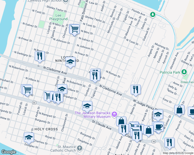 map of restaurants, bars, coffee shops, grocery stores, and more near 6022 North Derbigny Street in New Orleans