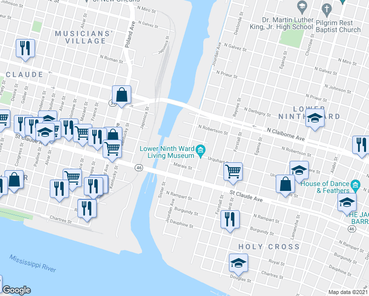 map of restaurants, bars, coffee shops, grocery stores, and more near 4705 Urquhart Street in New Orleans