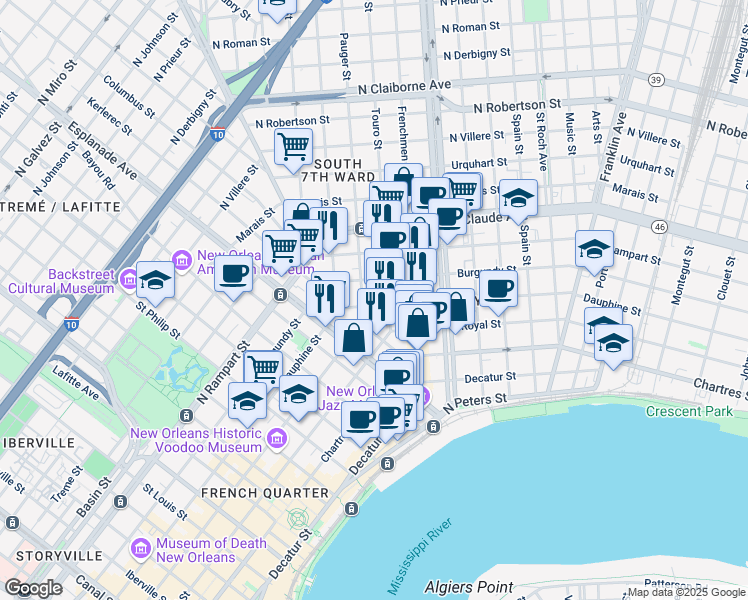 map of restaurants, bars, coffee shops, grocery stores, and more near 1507 Pauger Street in New Orleans