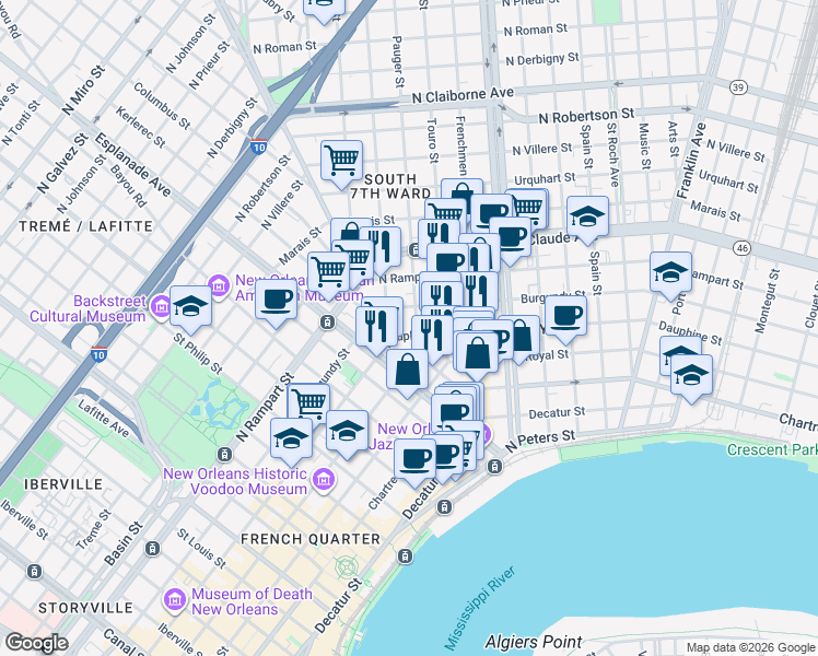 map of restaurants, bars, coffee shops, grocery stores, and more near 1507 Pauger Street in New Orleans