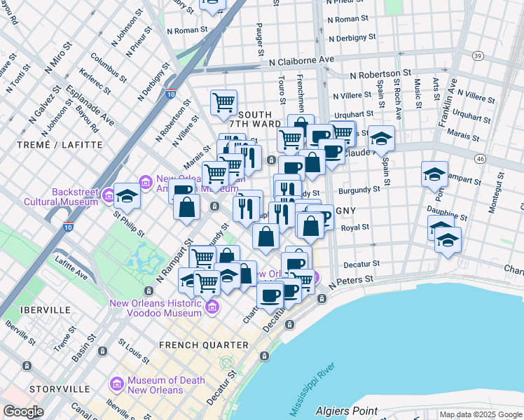 map of restaurants, bars, coffee shops, grocery stores, and more near 914 Kerlerec Street in New Orleans