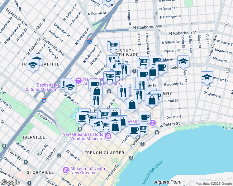 map of restaurants, bars, coffee shops, grocery stores, and more near in New Orleans