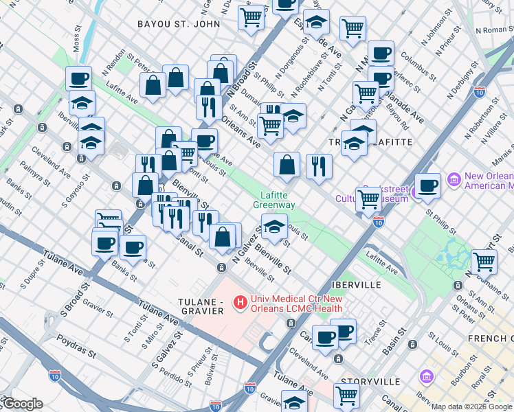 map of restaurants, bars, coffee shops, grocery stores, and more near 2309 Conti Street in New Orleans