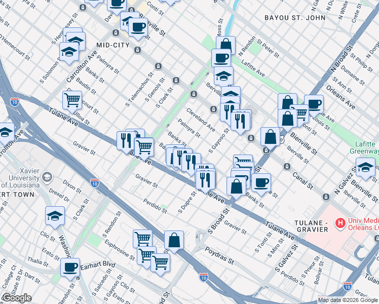 map of restaurants, bars, coffee shops, grocery stores, and more near 416 South Lopez Street in New Orleans