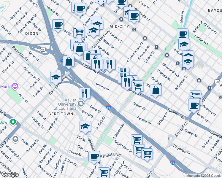 map of restaurants, bars, coffee shops, grocery stores, and more near 3617 Gravier Street in New Orleans