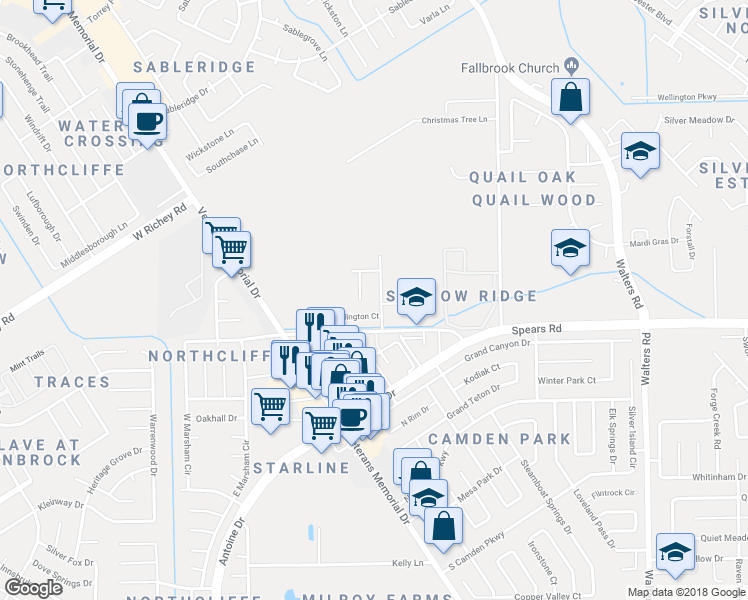 map of restaurants, bars, coffee shops, grocery stores, and more near 12303 Allington Drive in Houston