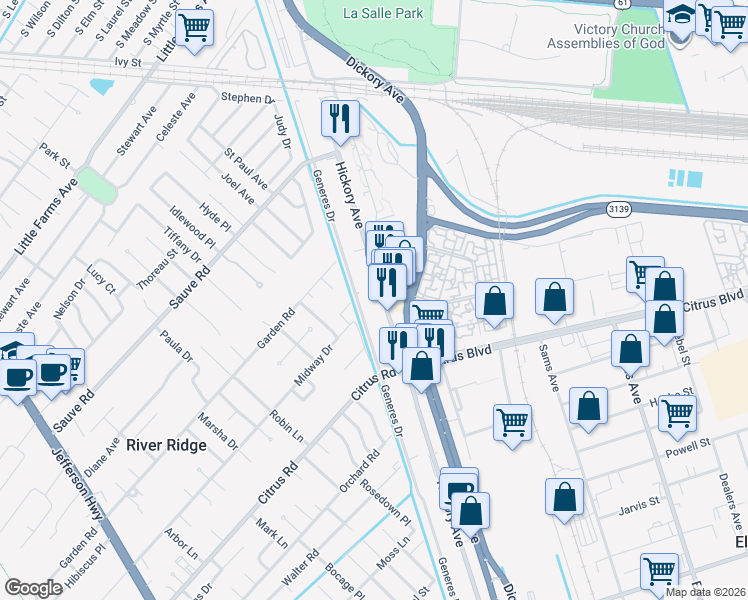 map of restaurants, bars, coffee shops, grocery stores, and more near 1913 Generes Drive in Harahan
