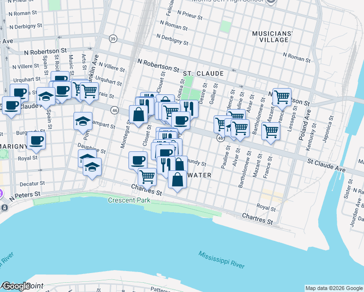 map of restaurants, bars, coffee shops, grocery stores, and more near 929 Piety Street in New Orleans