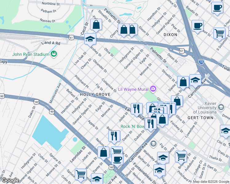 map of restaurants, bars, coffee shops, grocery stores, and more near 3020 Eagle Street in New Orleans