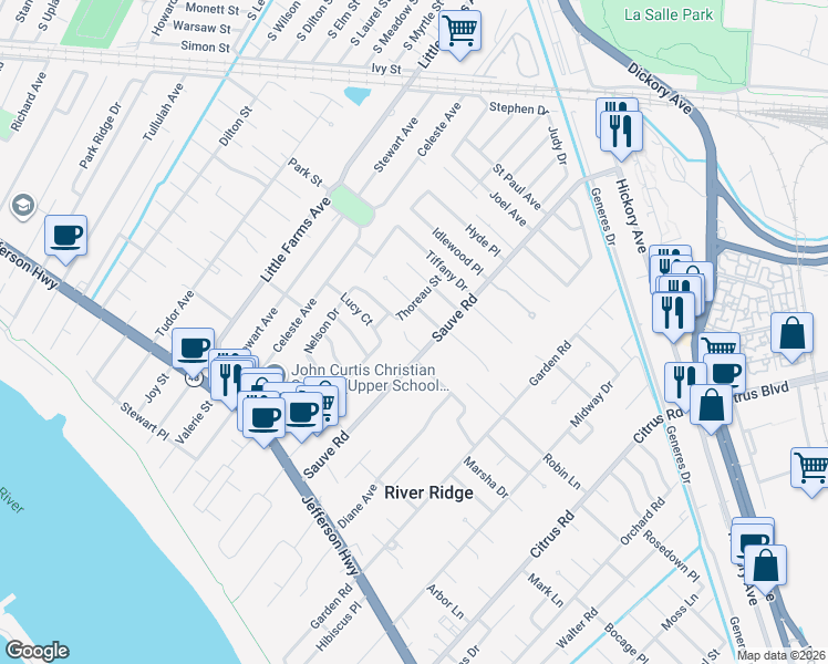 map of restaurants, bars, coffee shops, grocery stores, and more near 7212 Veterans Boulevard in New Orleans