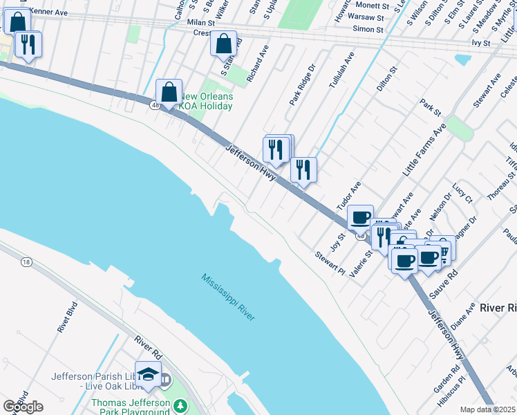 map of restaurants, bars, coffee shops, grocery stores, and more near 100 Tullulah Avenue in River Ridge