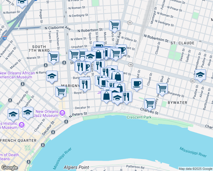 map of restaurants, bars, coffee shops, grocery stores, and more near 2600 Dauphine Street in New Orleans