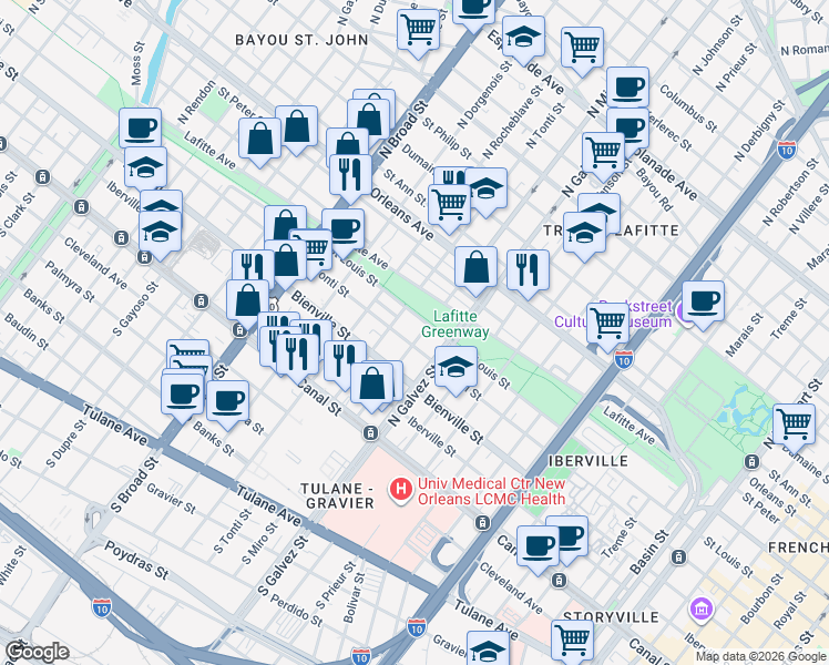 map of restaurants, bars, coffee shops, grocery stores, and more near 415 North Miro Street in New Orleans
