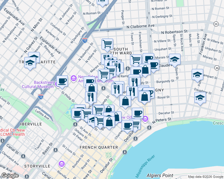 map of restaurants, bars, coffee shops, grocery stores, and more near in New Orleans