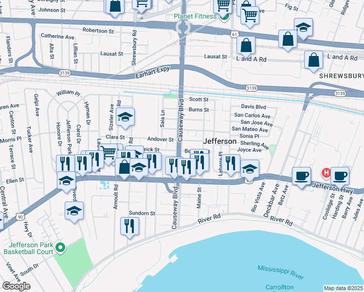 map of restaurants, bars, coffee shops, grocery stores, and more near 1009 Causeway Boulevard in Jefferson