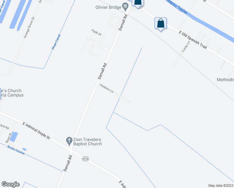 map of restaurants, bars, coffee shops, grocery stores, and more near Autumn Lane in Jeanerette