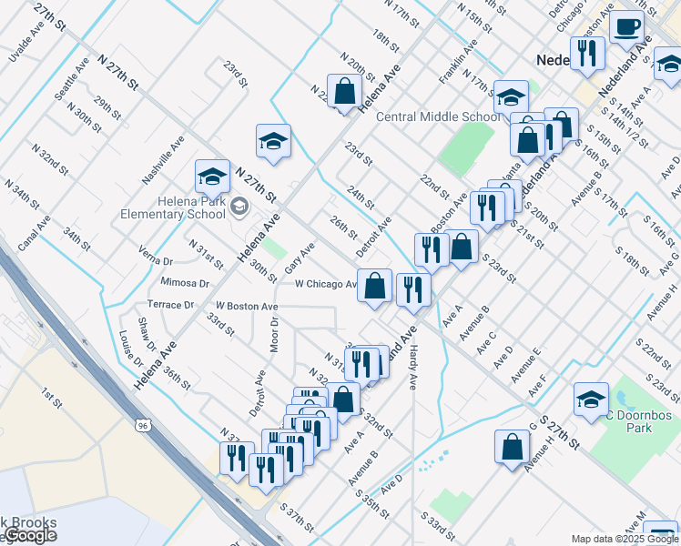 map of restaurants, bars, coffee shops, grocery stores, and more near 508 N 28th St in Nederland