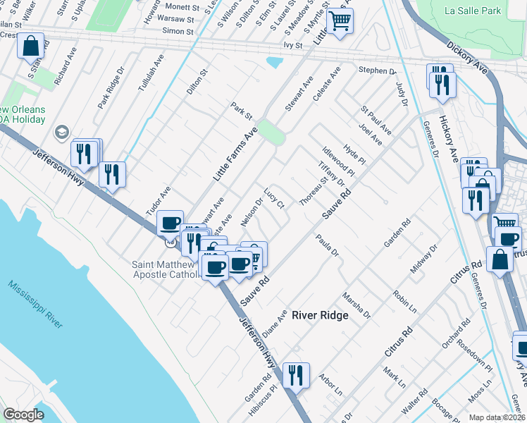 map of restaurants, bars, coffee shops, grocery stores, and more near 10124 Stacy Court in River Ridge