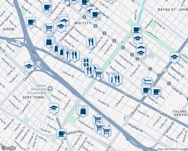 map of restaurants, bars, coffee shops, grocery stores, and more near 3402 Tulane Avenue in New Orleans