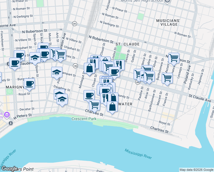 map of restaurants, bars, coffee shops, grocery stores, and more near 929 Piety Street in New Orleans