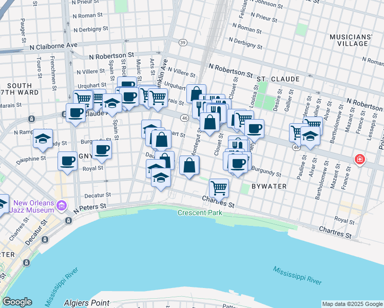 map of restaurants, bars, coffee shops, grocery stores, and more near 831 Montegut Street in New Orleans