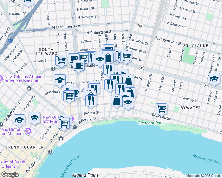 map of restaurants, bars, coffee shops, grocery stores, and more near 2460 Dauphine Street in New Orleans
