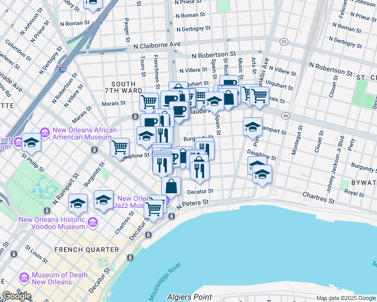 map of restaurants, bars, coffee shops, grocery stores, and more near 736 Marigny Street in New Orleans