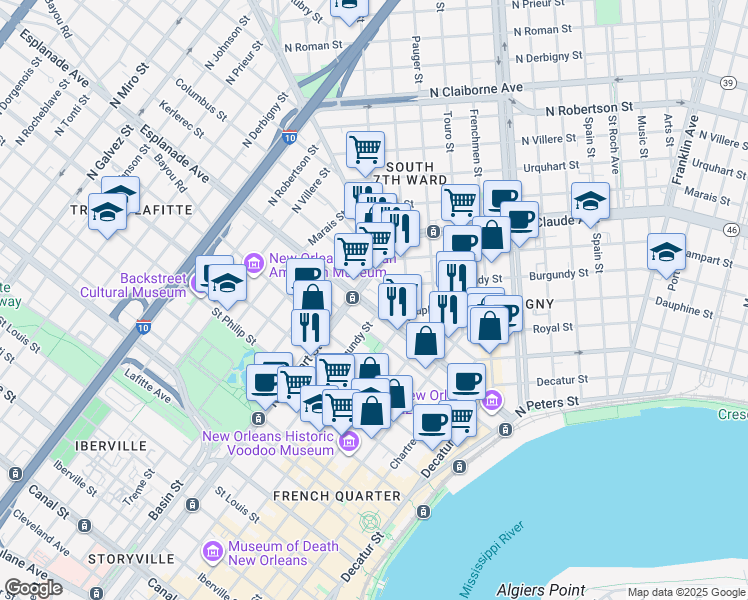 map of restaurants, bars, coffee shops, grocery stores, and more near in New Orleans