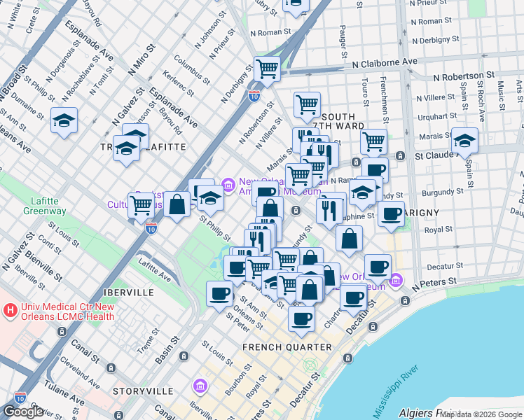 map of restaurants, bars, coffee shops, grocery stores, and more near 1203 Governor Nicholls Street in New Orleans
