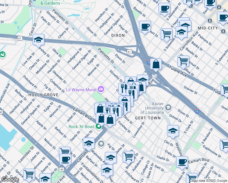 map of restaurants, bars, coffee shops, grocery stores, and more near 3500 Dante Street in New Orleans