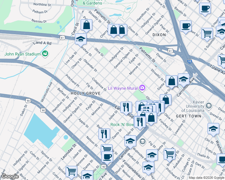 map of restaurants, bars, coffee shops, grocery stores, and more near 3114 Monroe Street in New Orleans