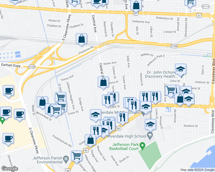 map of restaurants, bars, coffee shops, grocery stores, and more near 687 Central Avenue in Jefferson