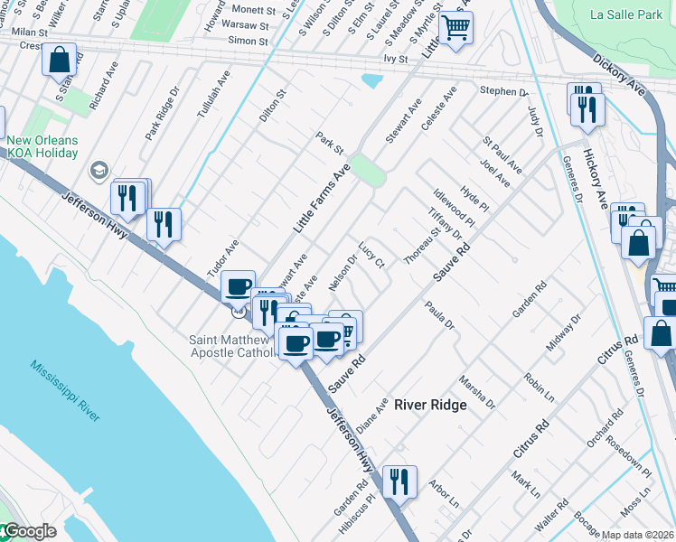 map of restaurants, bars, coffee shops, grocery stores, and more near 220 Nelson Drive in River Ridge