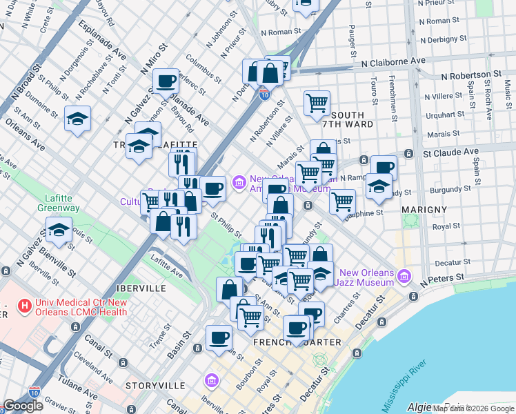map of restaurants, bars, coffee shops, grocery stores, and more near 1317 Ursulines Avenue in New Orleans