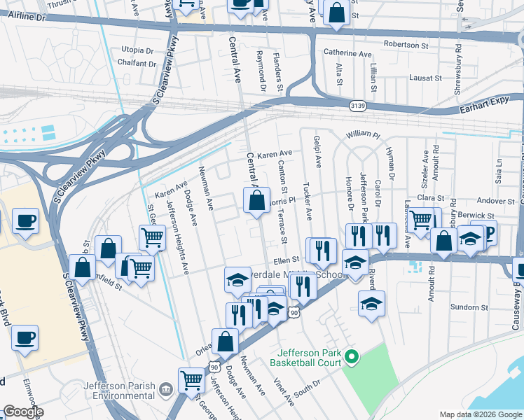 map of restaurants, bars, coffee shops, grocery stores, and more near 687 Central Avenue in Jefferson